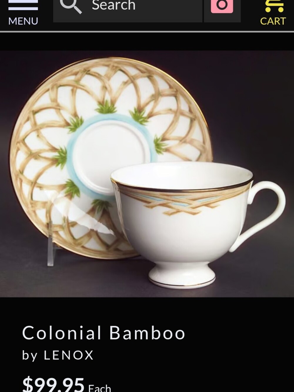 6 Lenox Colonial Bamboo White Teacup & Saucer with Gold and Green Trim0
